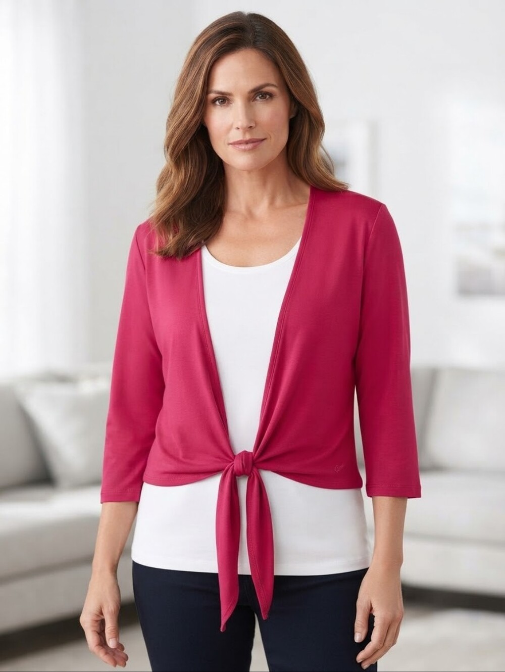 ​Olsen Europe Magenta Pink Tie Front Open Cardigan Shrug NWT Size 46